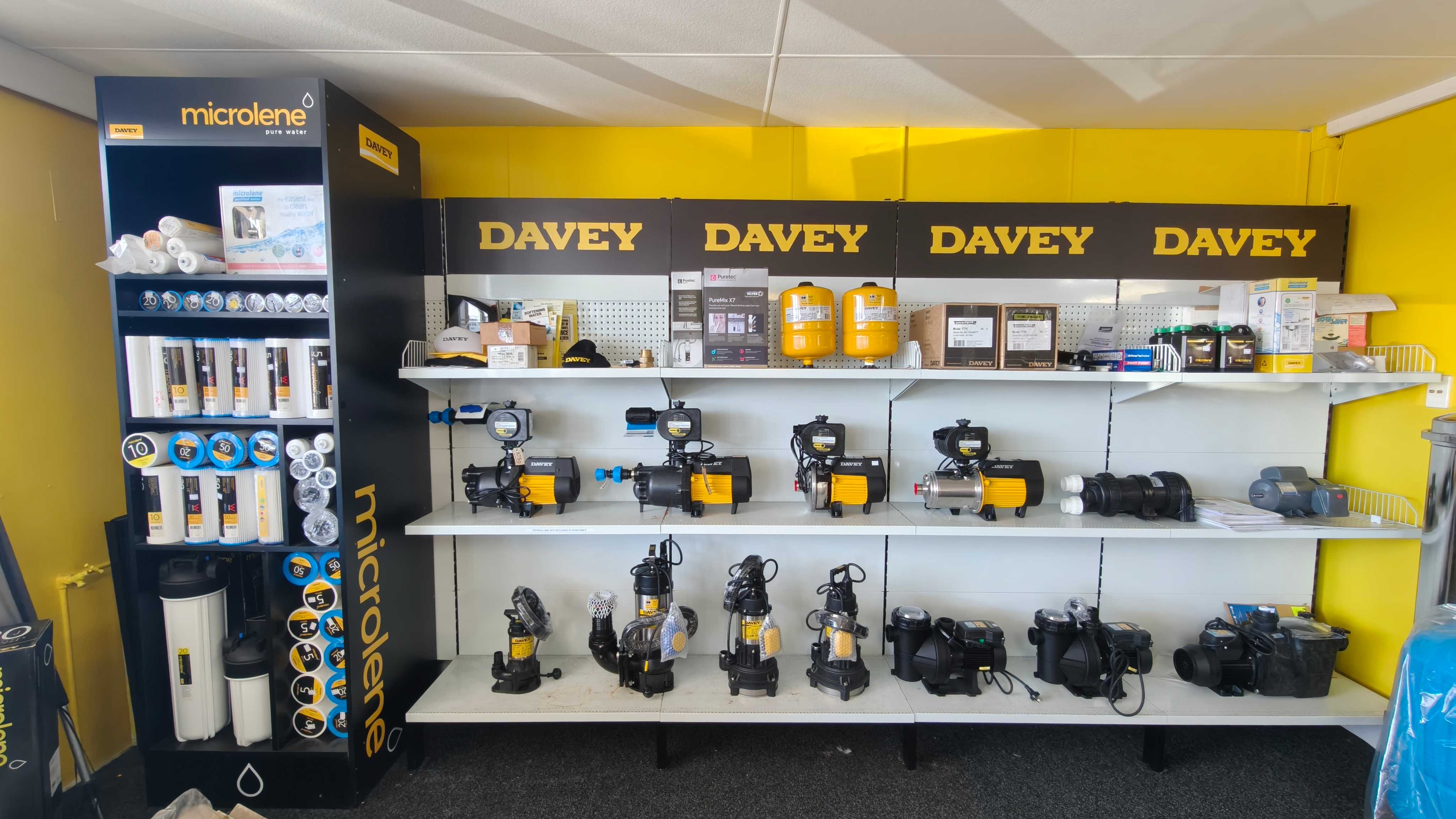 Davey pumps and Microlene filters on display in the C & O Pumping shop
