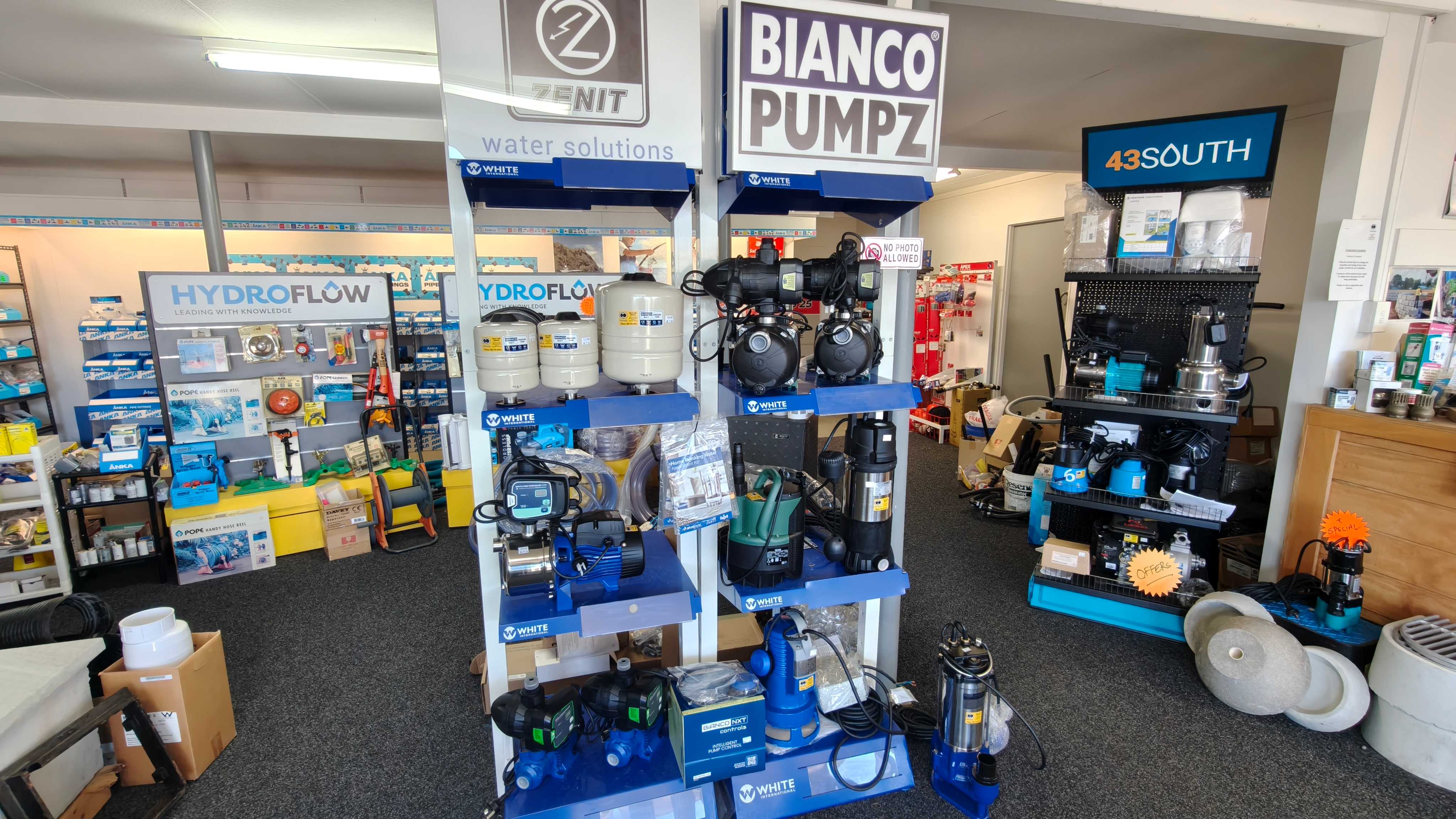 Pumps on display in the C & O Pumping shop, including Zenit, Bianco Pumpz and White International units